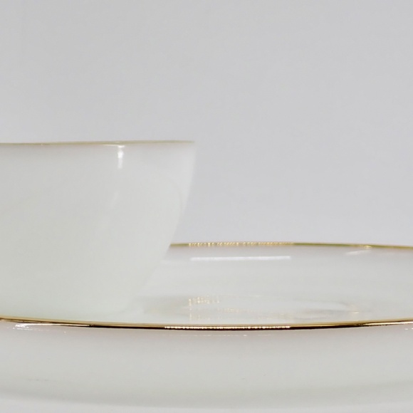 Fire King Anchor Hocking 22k Gold Rim Milk Glass Tea Cup Snack Plate Set Vintage - Picture 2 of 12